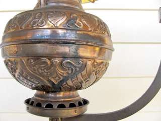 ANTIQUE HANGING OIL LAMP COPPER CHANDELIER 3 BURNER PAT. 1897 AMBER 