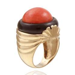 14k Yellow Gold Coral and Onyx Estate Cocktail Ring (Size 6 