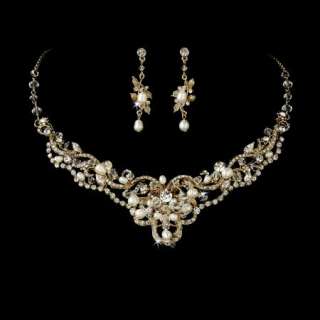   & Unique Freshwater Pearl & Crystal Wedding Bridal Gold Jewelry Set