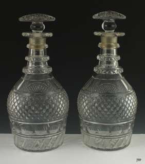 ANTIQUE HAND BLOWN 3 RING CUT GLASS DECANTERS c1800  