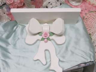 WHITE WOOD BOW WALL SHELF DECOR with PINK ROSE DETAIL~Shabby~Cottage 