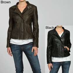   Womens Plus Size Faux Leather Crinkle Moto Jacket  