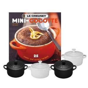 Le Creuset Set of 4 Mini Cocottes w/ Bonus Cookbook Black & White 