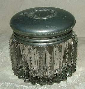 Antique Pewter Top Notched Prism Cut Crystal Vanity Jar  