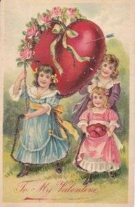 Valentines Day Heart children old antique 1900s German old postcard 