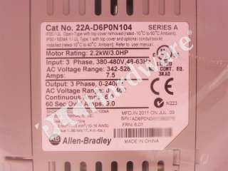   * Allen Bradley 22A D6P0N104 PowerFlex 4 AC Drive 480VAC/6A/2.2kW/3HP