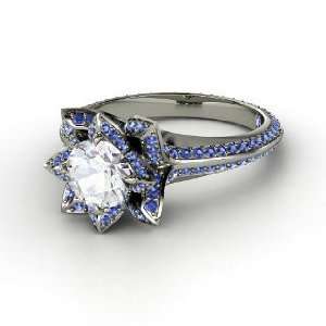   Pave Lotus Ring, Round White Sapphire Platinum Ring with Sapphire