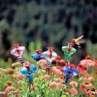 MINI BLOSSOM BLUE Blown Glass Hummingbird Feeder on Stake by PARASOL 