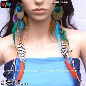 Peacock Grizzly Feather Extensions Extra Long Earrings  