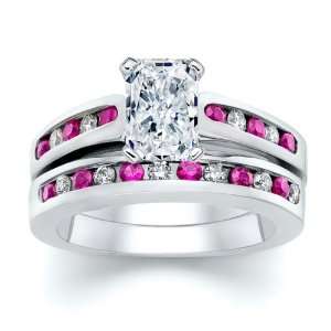  2.00 ct Radiant Diamond with Round Pink Sapphire Ring Set 