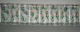 Vg Libbey Jubilee 80s Red Yellow Blue Tulips Glasses  