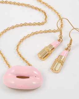 Couture Chic SWEET Pink & Gold Lipstick Lip Charm Necklace  