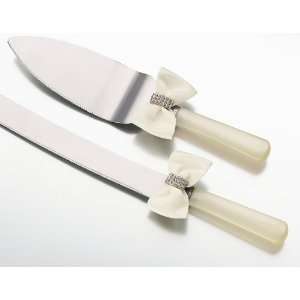  Rhinestone Knife & Server Set, Ivory