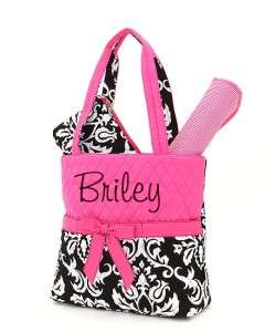 Personalized Diaper Bag Tote Monogrammed 3 Piece Hot Pink and Black 
