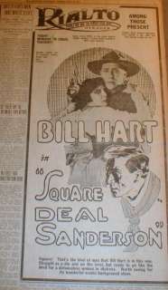 1919 newspaper w movie star WILLIAM S HART Large illustrated Western 