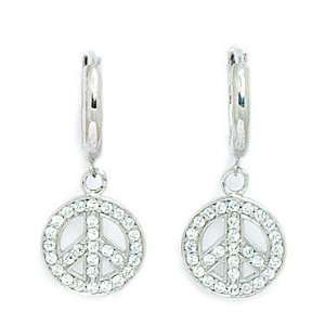 14k White Gold CZ Peace Sign Drop Hinged Earrings   Measures 25x10mm 