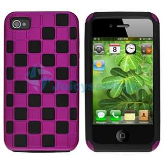 Clear Crystal+Purple Hybrid Trim Checkered Case Cover For iPhone 4 4S 