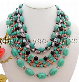 Amazing 6Strds Pearl&Turquoise&Onyx Necklace  