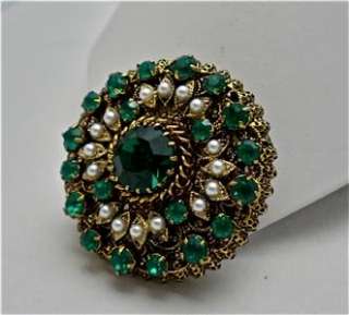   Vintage Green Rhinestone and Faux Pearl Brooch Pin  unsigned Austria