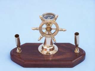 Brass Ship Wheel Compass Pen Holder Nautical  