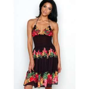   Chicano Womens Roses Halter Dress with Smocked Waistline in Black