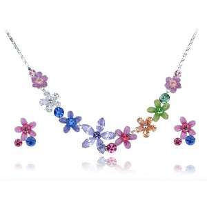   Swarovski Crystal Element Enamel Flower Link Earring Necklace Set