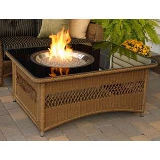   Weather Wicker Coffee Table with Black Glass Top AND Crystal Fire Bu