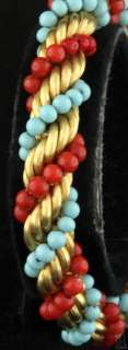 HEAVY 18K GOLD ITALY CORAL AND TURQUOISE TWISTED ROPE BRACELET  
