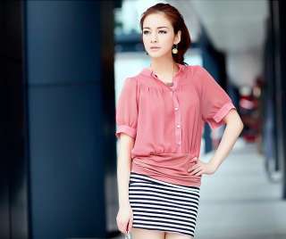   Blouse Ruffle Hem Ruched Puff Sleeve Botton up Top Office  