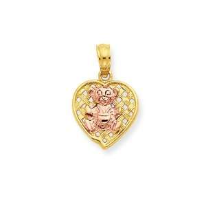   14K Two tone Pink Teddy Bear on Woven Heart Pendant Jewelry