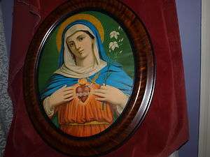 ANTIQUE SACRED HEART BLESSED MARY PRINT IN OVAL GLASS FRONT FRAME 