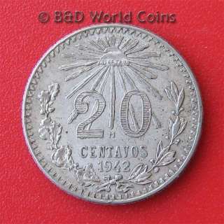 MEXICO 1942 20 CENTAVOS SILVER VF 19mm coin KM#438  