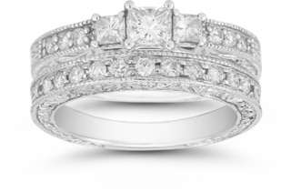  Three Stone Princess Cut Floret Diamond Bridal Set Engagement Ring 