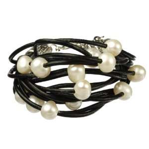 Multi Row White Freshwater Pearl and Black Nylon Cord Bracelet with 
