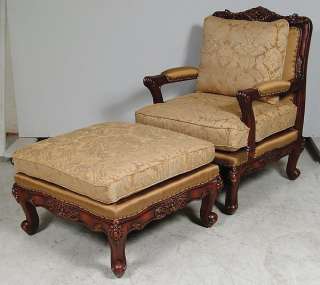 English Antique Damask Chair w/ ottoman Silk Hand Made  