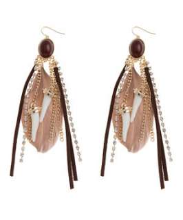 Brown Pattern (Brown) Tusk and Feather Drop Earring  249154429  New 