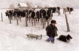 Robert Duncan CURIOUS ONLOOKERS Sheltie Cow Snow Print  