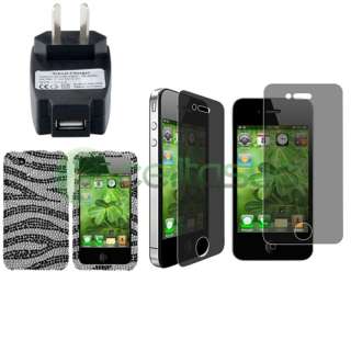 Black Diamond Case+Privacy Guard+Home Charger For iPhone 4S 4 4G Gen 