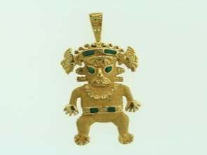 Peru Peruvian God Pendant 18k Yellow Gold With Jade  