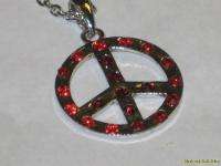 Peace Sign Necklace & Earrings Red Rhinestone Set NEW  