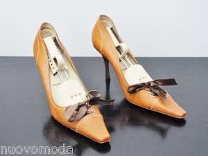   Eyelets Bows Stitched Caramel Brown Leather Shoes Pumps Sz 36 6  