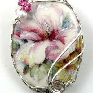 Iris Flower Porcelain Cameo Pendant Sterling Silver Jewelry  