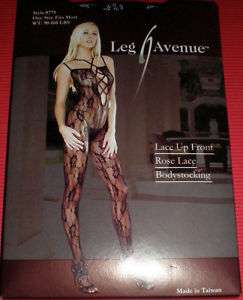 Leg Avenue Lace Up Front Rose Lace Bodystocking Black  