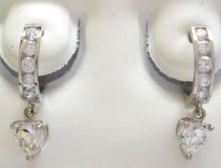 14K Solid White Gold Dangle Heart Huggie Huggy Hoop 10mm Earrings CZ 