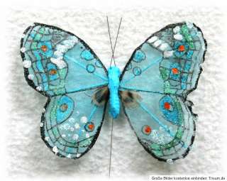 Deko Schmetterling mit Drahtstab, Stoff, Glitter & Feder, in 6 Farben 