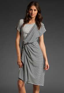 MCQ ALEXANDER MCQUEEN Asymmetric Drape Detail Dress in Grey Stripes at 
