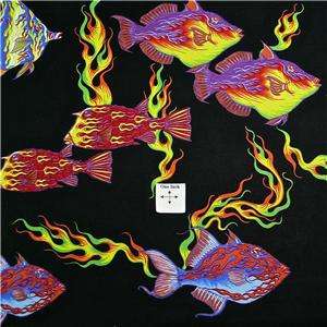   Fabric, Glorious Bright Fish on a Black Ocean, By the Yard  