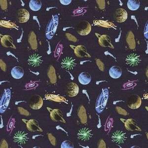 SPACE SMALL PLANETS METEORS DK NAVY Cotton Quilt Fabric  