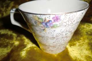 TUNSTALL ENGLAND TEA CUP & SAUCER FLORAL CHINTZ GOLD & WHITE 