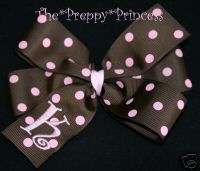 Embroidered Initial Hair Bow Brown Pink Monogrammed  